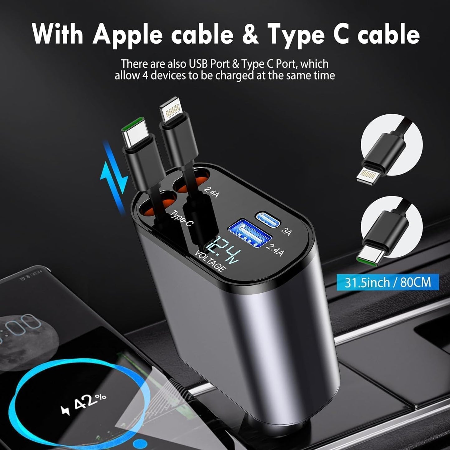 120W 4-Port Fast Car Charger with PD & USB – Universal Phone Charging Adapter