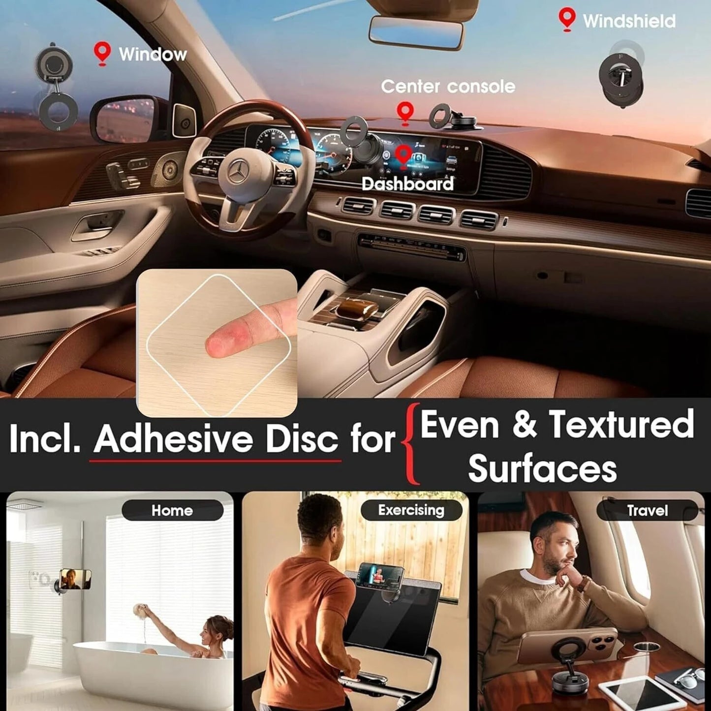 360° Magnetic Car Phone Holder with Vacuum Suction Base – Aluminium & Plastic